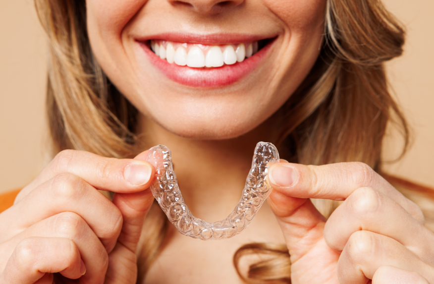 Woman holding clear aligner